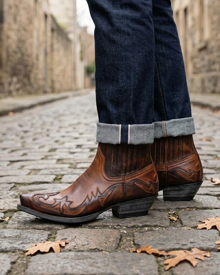 Men's Pointed-Toe Western Boots with Stitched Detail