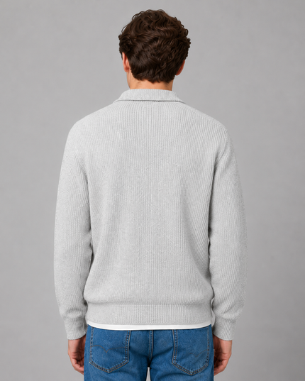 Men's Polo Sweater with a Button Placket and Ribbed Collar