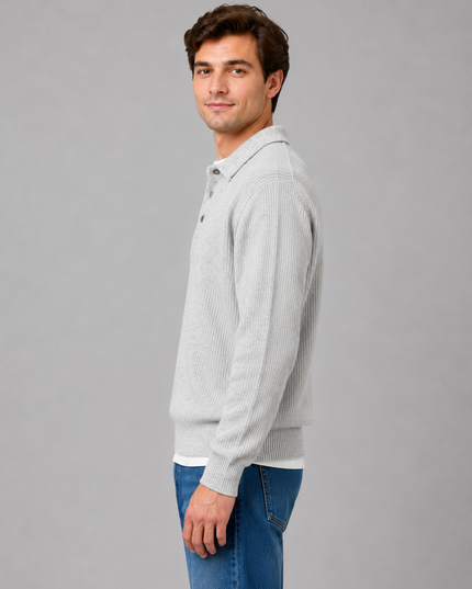 Men's Polo Sweater with a Button Placket and Ribbed Collar