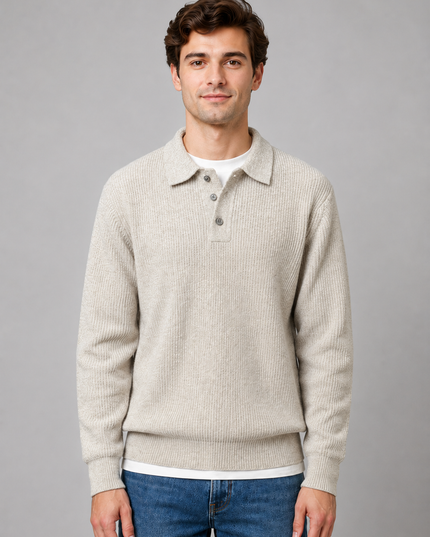 Men's Polo Sweater with a Button Placket and Ribbed Collar