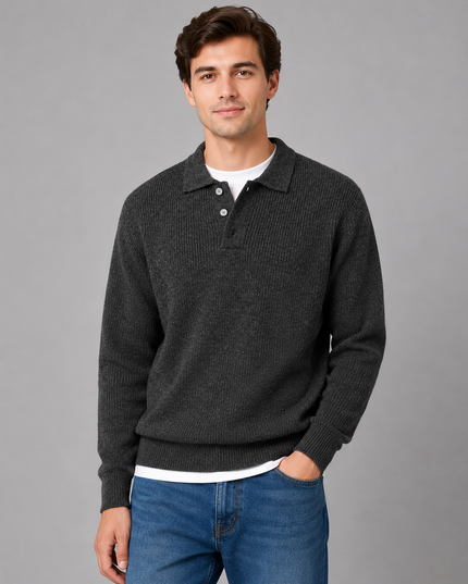 Men's Polo Sweater with a Button Placket and Ribbed Collar