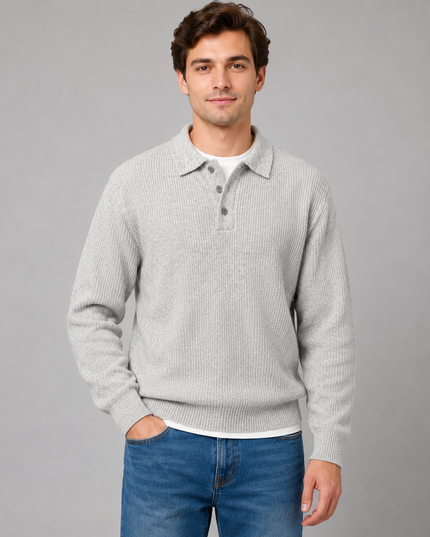 Men's Polo Sweater with a Button Placket and Ribbed Collar