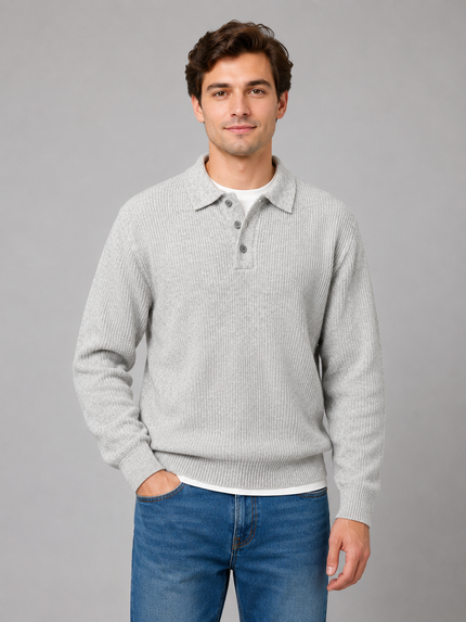 Men's Polo Sweater with a Button Placket and Ribbed Collar