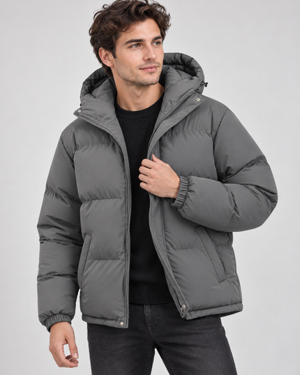 Men's Puffer Jacket in Funnel-Neck Style with a Hood
