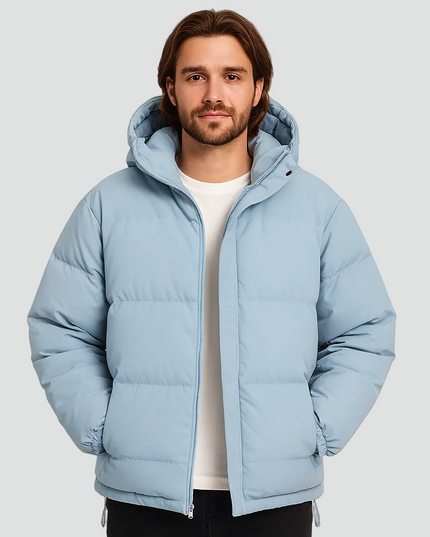Men's Puffer Jacket in Funnel-Neck Style with a Hood