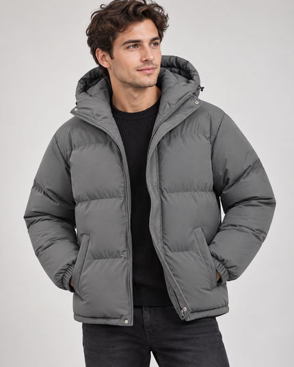 Men's Puffer Jacket in Funnel-Neck Style with a Hood