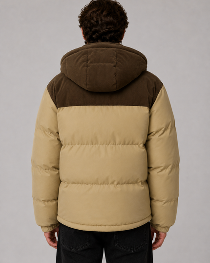 Men's Puffer Jacket with a Corduroy-Trimmed Hood
