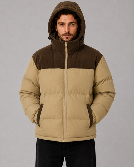 Men's Puffer Jacket with a Corduroy-Trimmed Hood