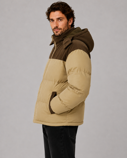 Men's Puffer Jacket with a Corduroy-Trimmed Hood