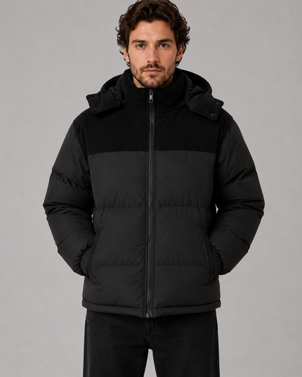 Men's Puffer Jacket with a Corduroy-Trimmed Hood