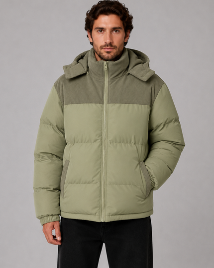 Men's Puffer Jacket with a Corduroy-Trimmed Hood