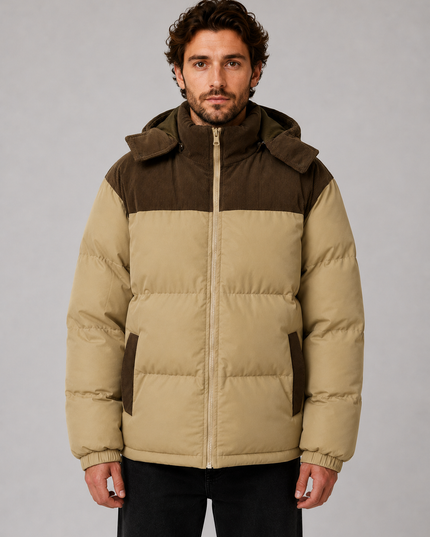Men's Puffer Jacket with a Corduroy-Trimmed Hood