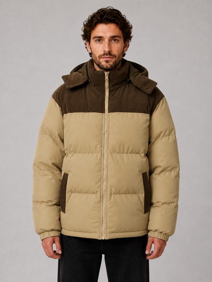 Men's Puffer Jacket with a Corduroy-Trimmed Hood