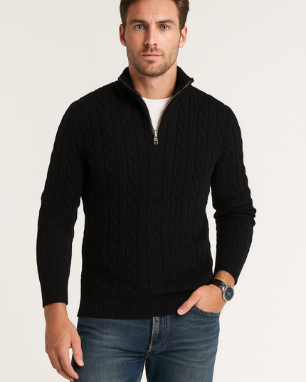 Men's Quarter-Zip Pullover with a Cable Knit Mock Neck