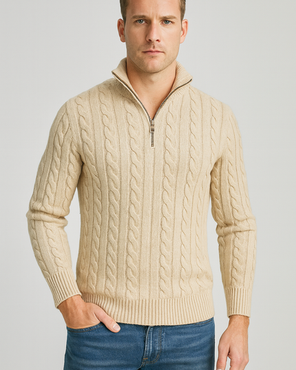 Men's Quarter-Zip Pullover with a Cable Knit Mock Neck