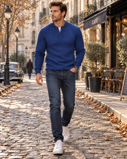 Men's Ribbed Knit Henley with a Button Placket