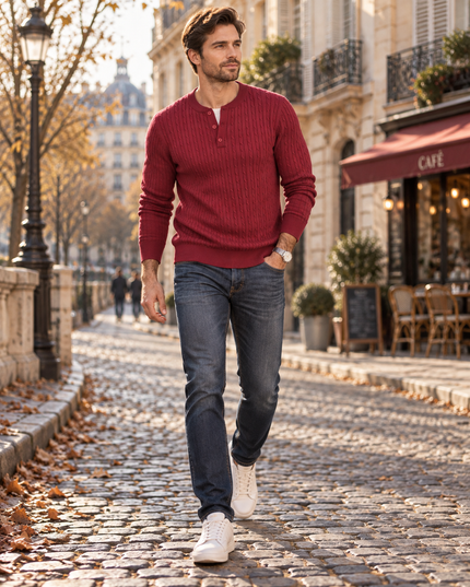 Men's Ribbed Knit Henley with a Button Placket