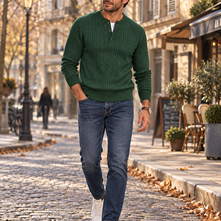Men's Ribbed Knit Henley with a Button Placket