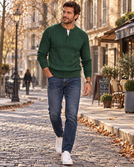 Men's Ribbed Knit Henley with a Button Placket