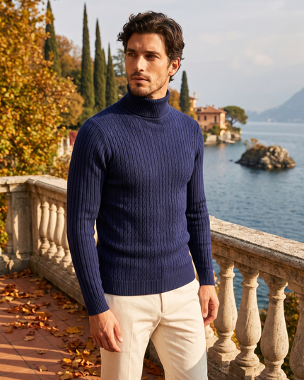 Men's Ribbed Turtleneck Pullover with a Close Fit