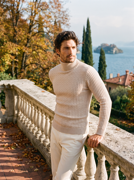 Men's Ribbed Turtleneck Pullover with a Close Fit