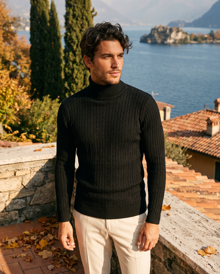 Men's Ribbed Turtleneck Pullover with a Close Fit