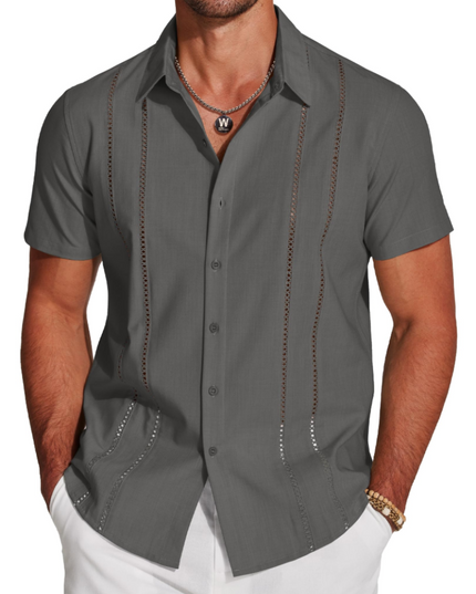 Men's Short-Sleeve Shirt with an Embroidered Camp Collar