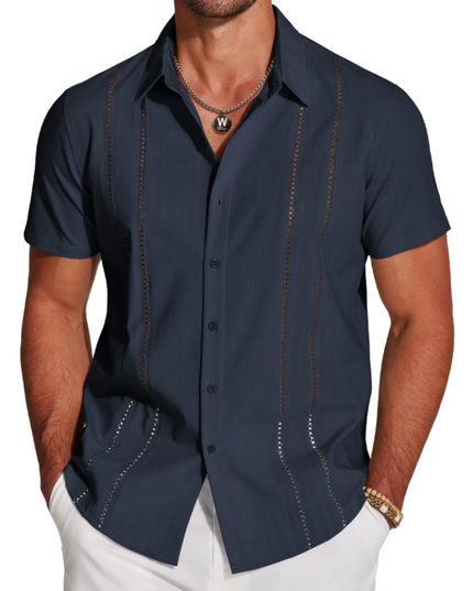 Men's Short-Sleeve Shirt with an Embroidered Camp Collar