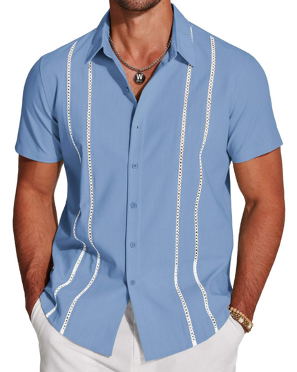 Men's Short-Sleeve Shirt with an Embroidered Camp Collar