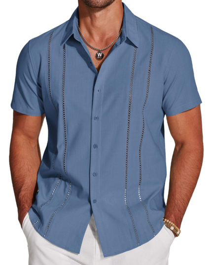Men's Short-Sleeve Shirt with an Embroidered Camp Collar