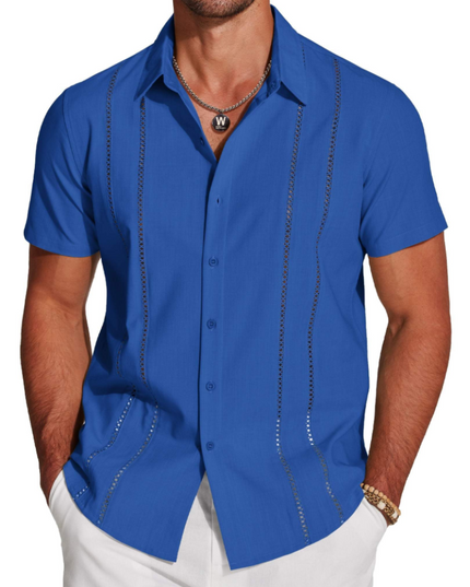 Men's Short-Sleeve Shirt with an Embroidered Camp Collar