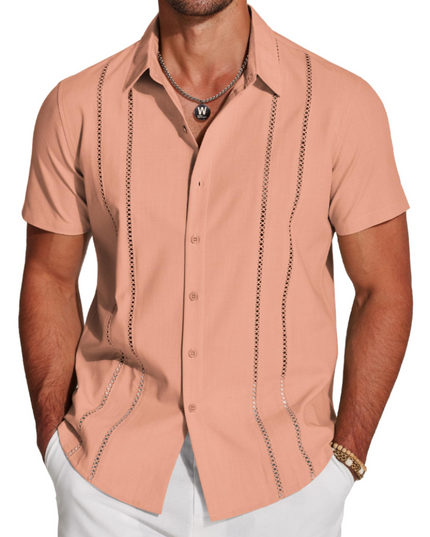 Men's Short-Sleeve Shirt with an Embroidered Camp Collar