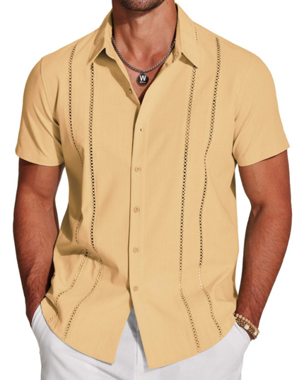 Men's Short-Sleeve Shirt with an Embroidered Camp Collar