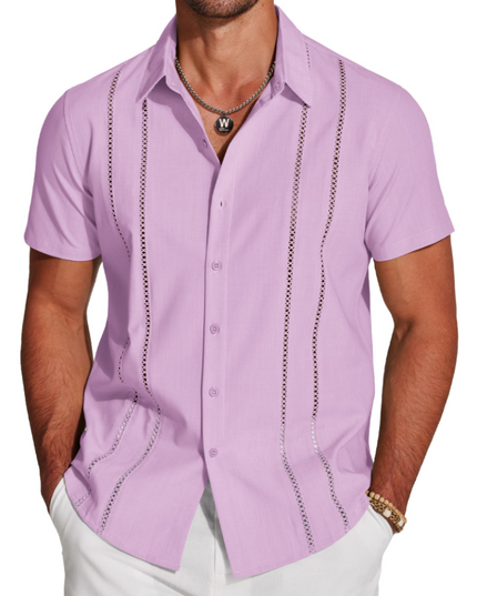Men's Short-Sleeve Shirt with an Embroidered Camp Collar