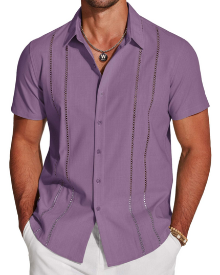 Men's Short-Sleeve Shirt with an Embroidered Camp Collar