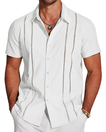 Men's Short-Sleeve Shirt with an Embroidered Camp Collar