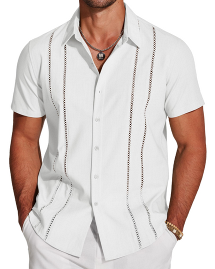 Men's Short-Sleeve Shirt with an Embroidered Camp Collar