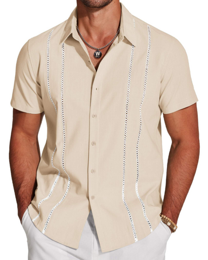 Men's Short-Sleeve Shirt with an Embroidered Camp Collar