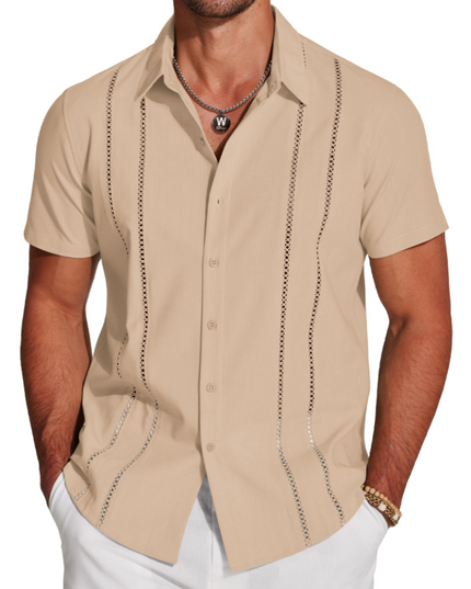 Men's Short-Sleeve Shirt with an Embroidered Camp Collar