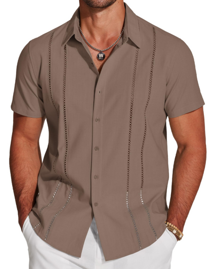 Men's Short-Sleeve Shirt with an Embroidered Camp Collar