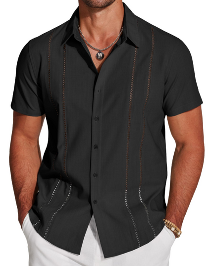 Men's Short-Sleeve Shirt with an Embroidered Camp Collar