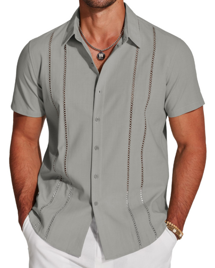 Men's Short-Sleeve Shirt with an Embroidered Camp Collar