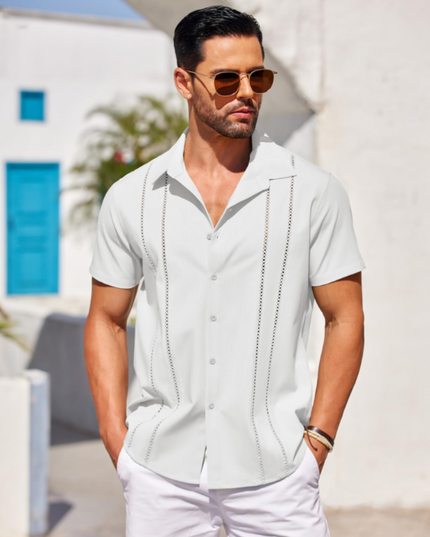 Men's Short-Sleeve Shirt with an Embroidered Camp Collar