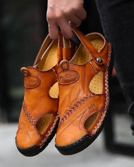Men's Slip-On Leather Sandals with Side Cut-Outs