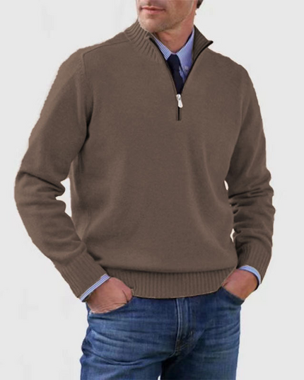 Men's Stand Collar Pullover with a Ribbed Quarter-Zip
