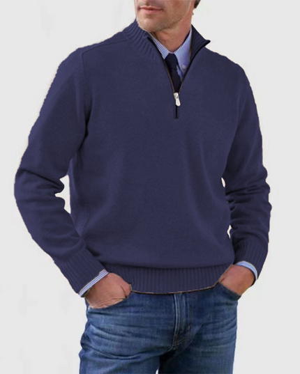 Men's Stand Collar Pullover with a Ribbed Quarter-Zip