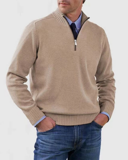 Men's Stand Collar Pullover with a Ribbed Quarter-Zip