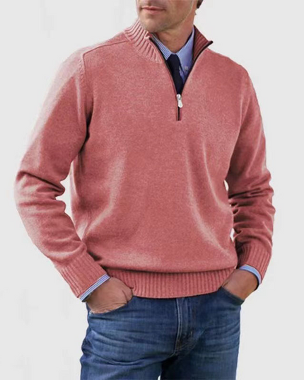 Men's Stand Collar Pullover with a Ribbed Quarter-Zip