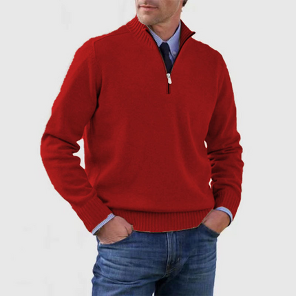Men's Stand Collar Pullover with a Ribbed Quarter-Zip