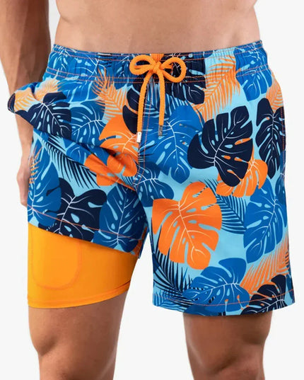 Men's Swim Shorts with a Tropical Print and Hidden Pocket